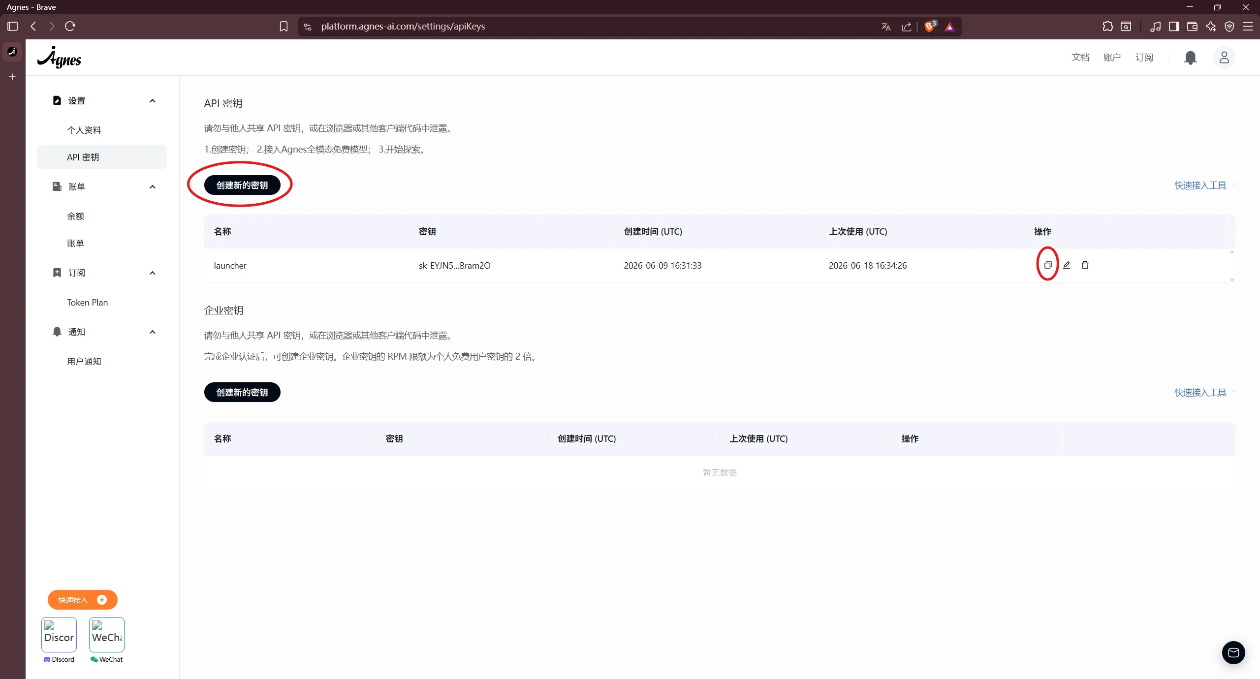 Agnes AI console page showing where to create/copy API key.