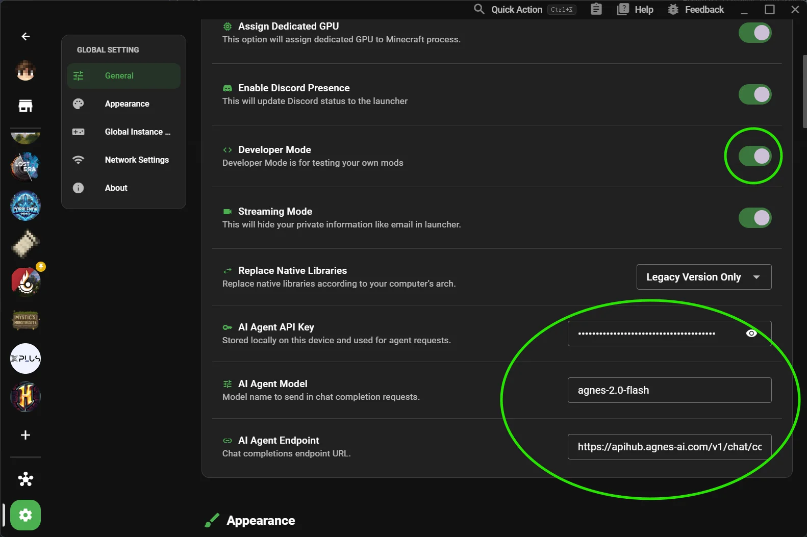 XMCL General settings with Developer Mode and AI Agent section highlighted