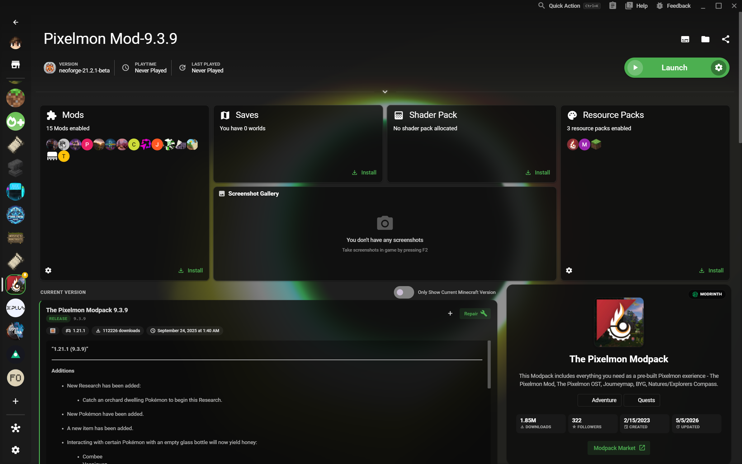 XMCL home screen showing a library of Minecraft instances