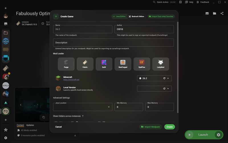 XMCL Create Game dialog with multiple Mod Loaders and Bedrock Edition