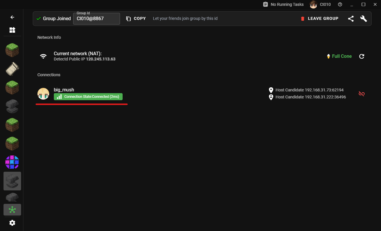 XMCL friend multiplayer screen showing connected players